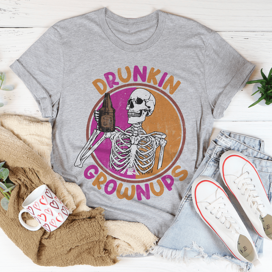 Drunkin Grownups T-Shirt displayed on a mannequin, showcasing its soft cotton fabric and double-stitched neckline.