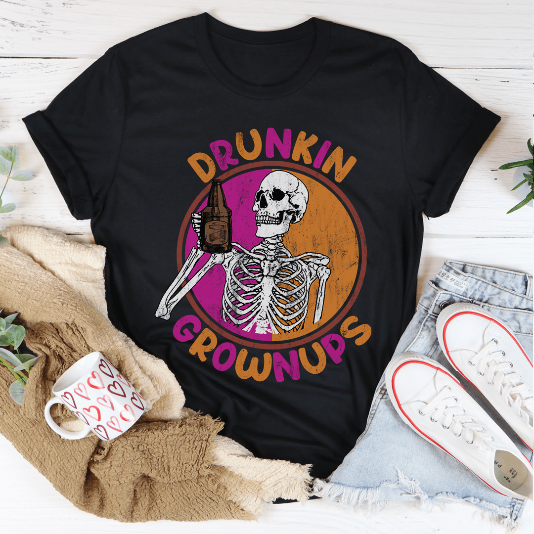 Drunkin Grownups T-Shirt displayed on a mannequin, showcasing its soft cotton fabric and double-stitched neckline.