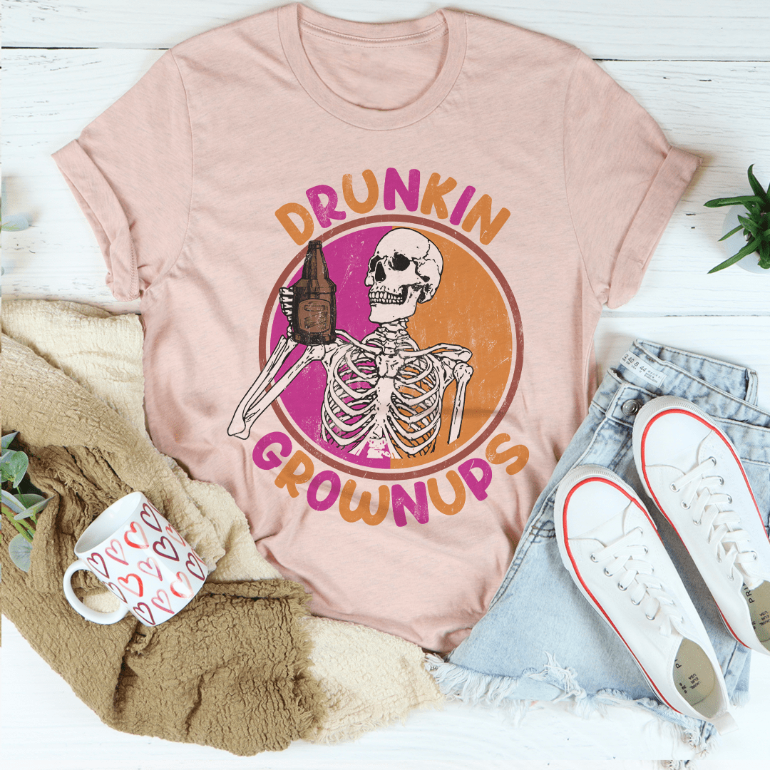 Drunkin Grownups T-Shirt displayed on a mannequin, showcasing its soft cotton fabric and double-stitched neckline.