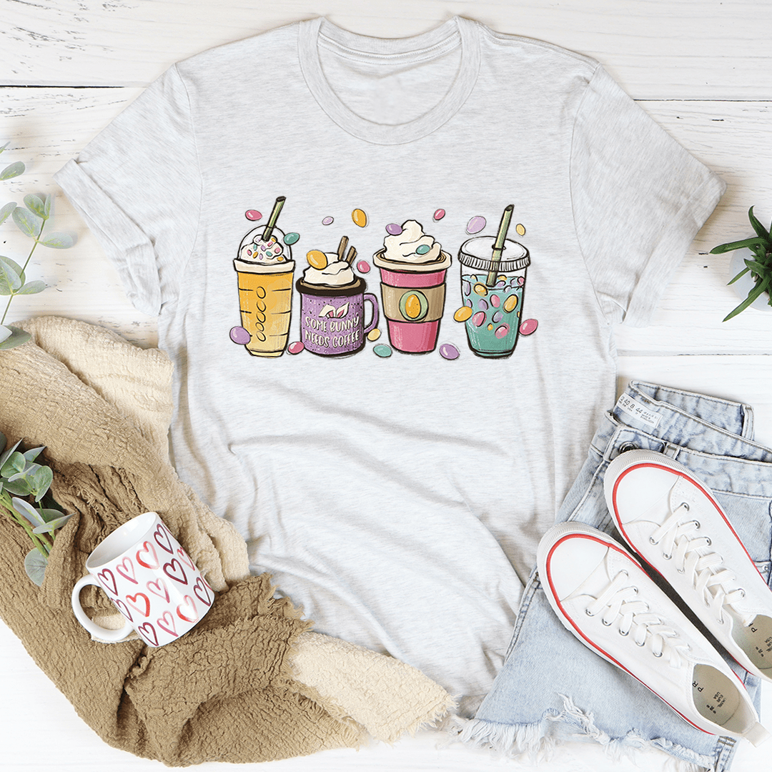 Easter Bunny Coffee Tee featuring a cute bunny design, made from soft cotton, perfect for casual wear during Easter celebrations.