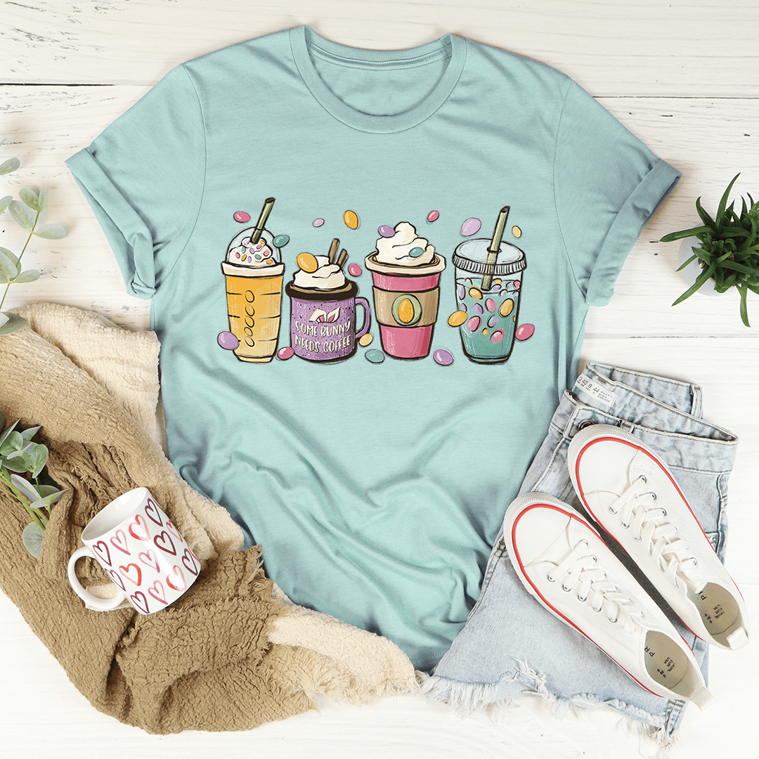 Easter Bunny Coffee Tee featuring a cute bunny design, made from soft cotton, perfect for casual wear during Easter celebrations.