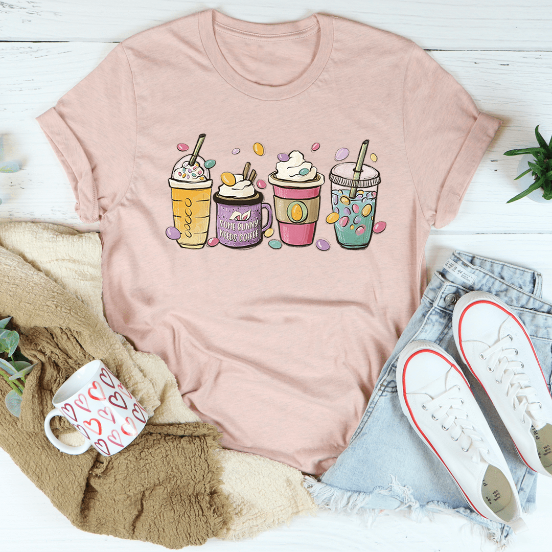 Easter Bunny Coffee Tee featuring a cute bunny design, made from soft cotton, perfect for casual wear during Easter celebrations.