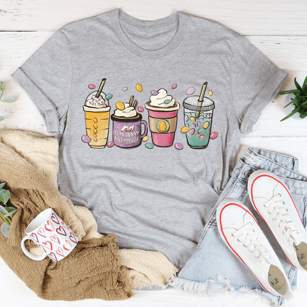 Easter Bunny Coffee Tee featuring a cute bunny design, made from soft cotton, perfect for casual wear during Easter celebrations.