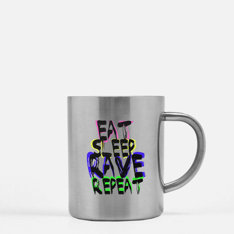 A stylish gold and silver ceramic mug featuring the phrase 'Eat Sleep Rave Repeat', perfect for rave enthusiasts.