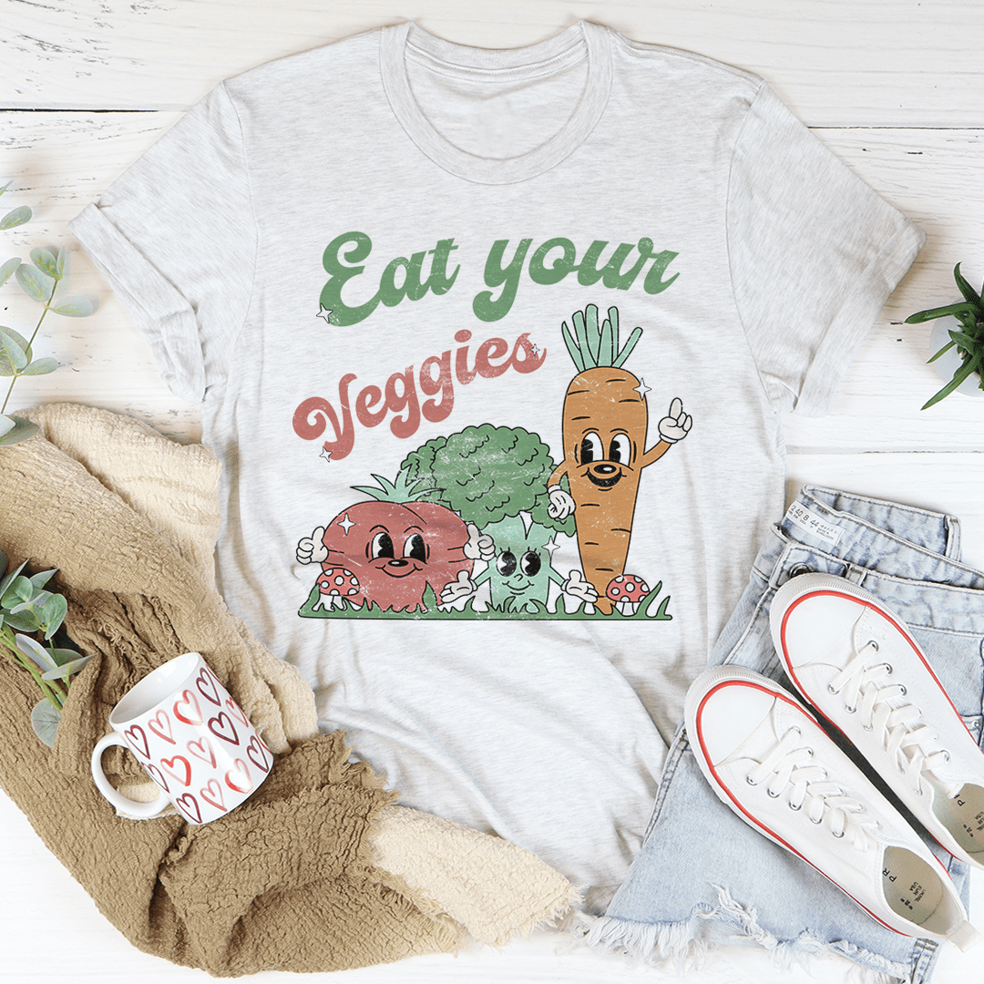 Eat Your Veggies T-Shirt made from soft ring-spun cotton, featuring double stitching for durability and a vibrant vegetable-themed print.