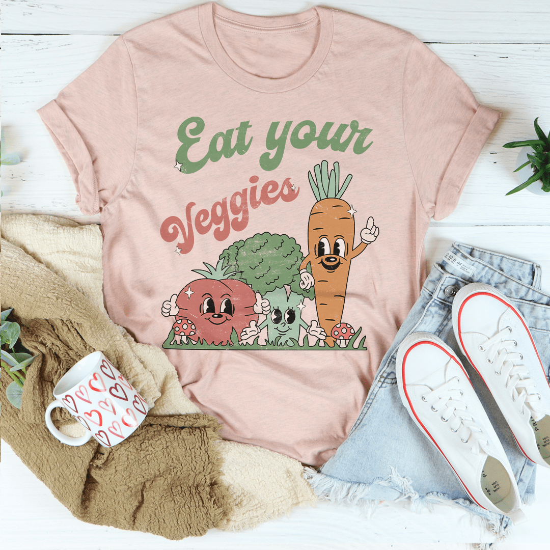 Eat Your Veggies T-Shirt made from soft ring-spun cotton, featuring double stitching for durability and a vibrant vegetable-themed print.