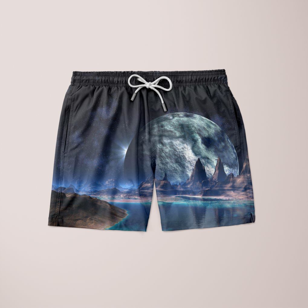 Eikmátr Shorts featuring a unique full print design, made from 100% microfiber, showcasing a stylish and comfortable fit.