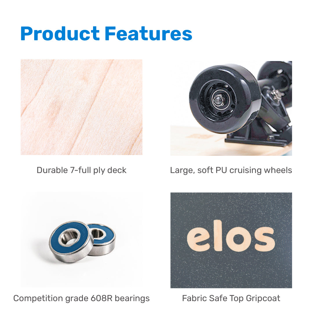 Elos DIY Kit Starter Model in Charcoal Black, showcasing the skateboard components and assembly instructions.