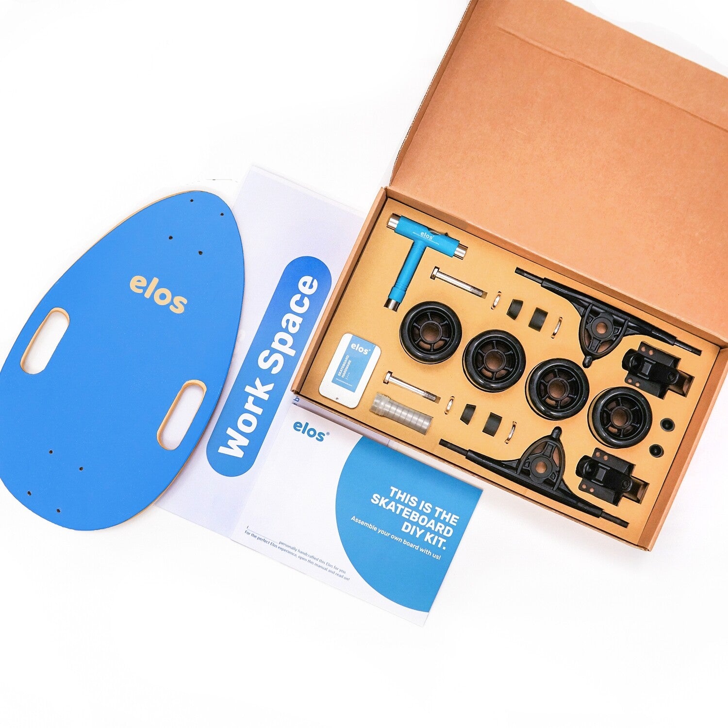 Elos DIY Kit Starter Model in blue, showcasing skateboard parts and assembly instructions.