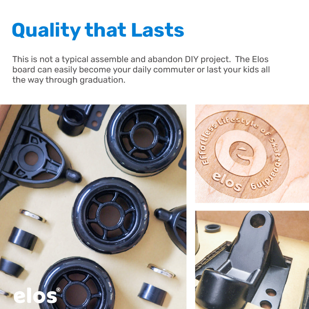 Elos DIY Kit Starter Model in blue, showcasing skateboard parts and assembly instructions.