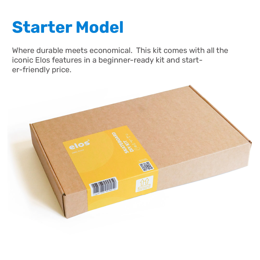 Elos DIY Kit Starter Model in blue, showcasing skateboard parts and assembly instructions.