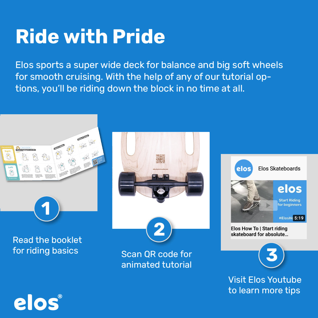 Elos DIY Kit Starter Model in blue, showcasing skateboard parts and assembly instructions.