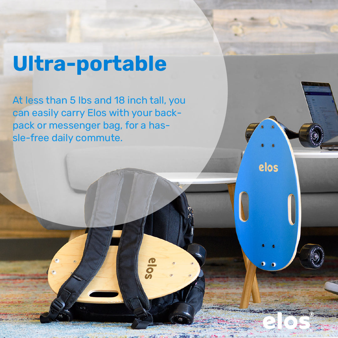 Elos DIY Kit Starter Model in blue, showcasing skateboard parts and assembly instructions.