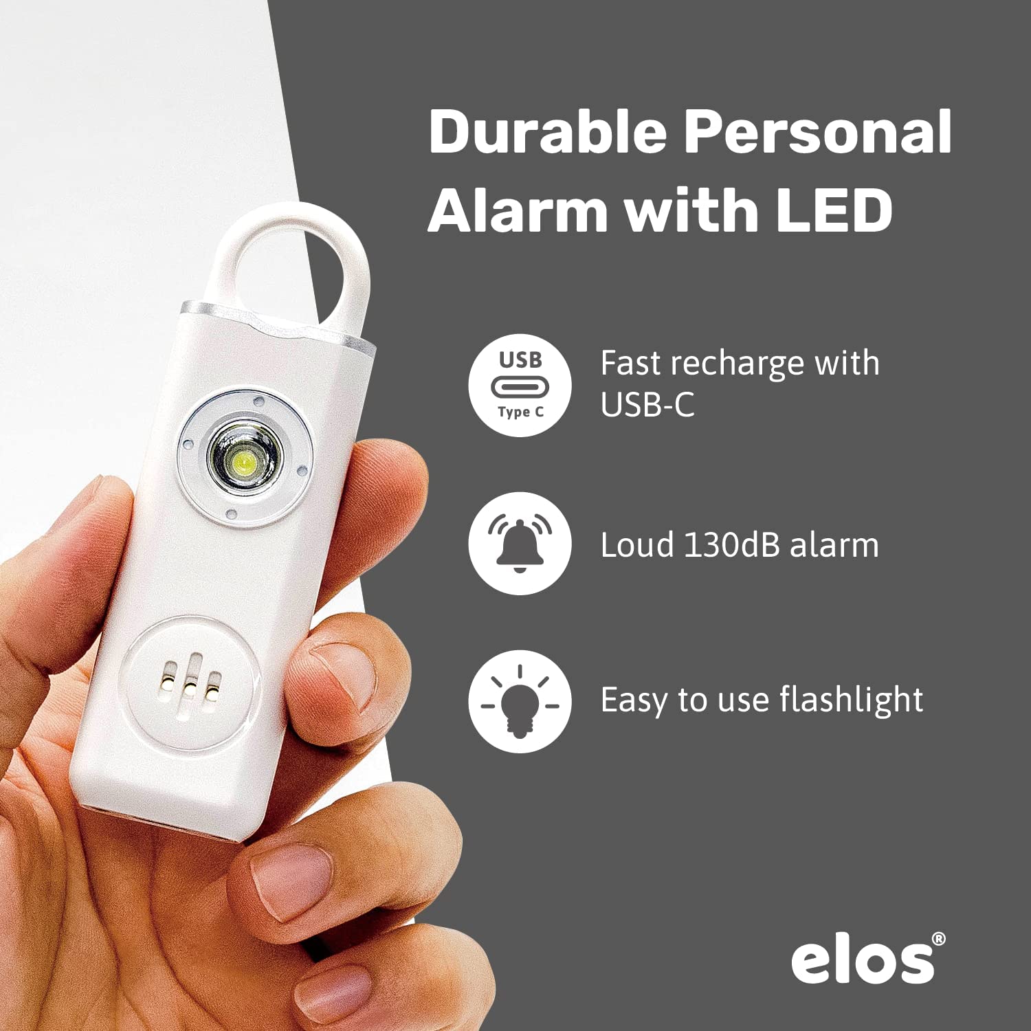 Elos Personal Alarm in Smoky Black, a compact safety device with LED light and keychain attachment.