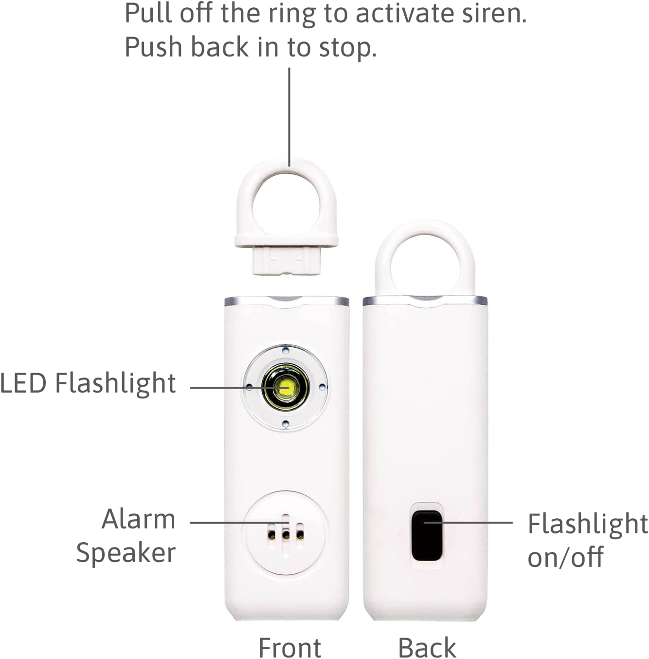 Elos Personal Alarm in Smoky Black, a compact safety device with LED light and keychain attachment.