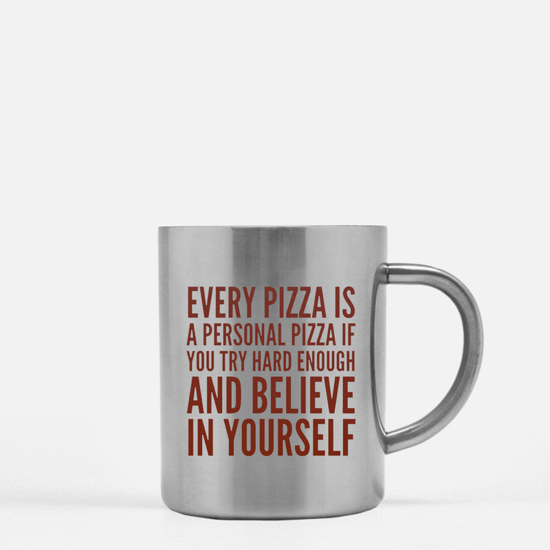 Ceramic mug with motivational pizza design and gold metallic coating, perfect for beverages.