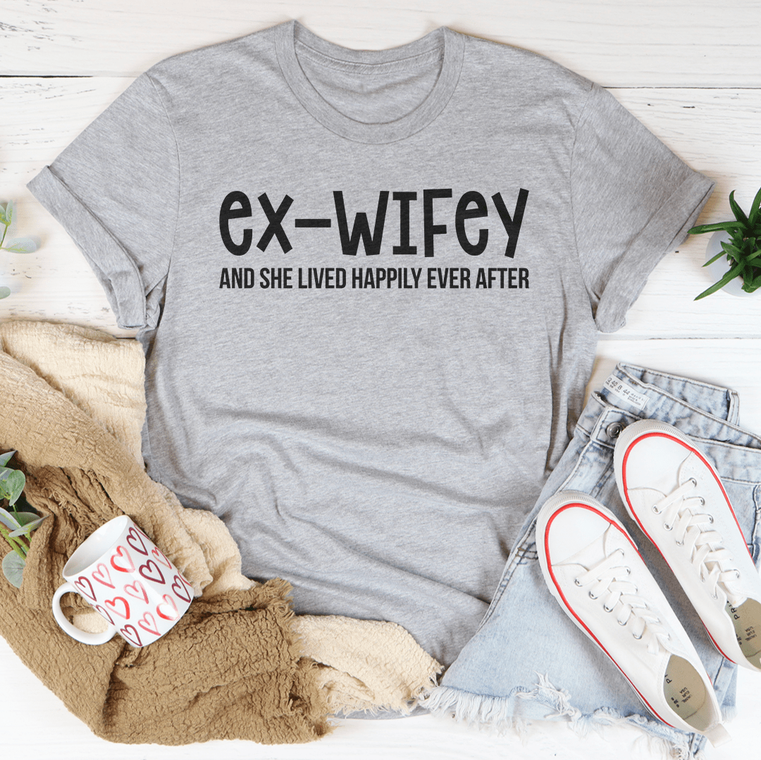 A stylish Ex Wifey Tee made from soft ring-spun cotton, featuring a comfortable fit and durable double stitching.