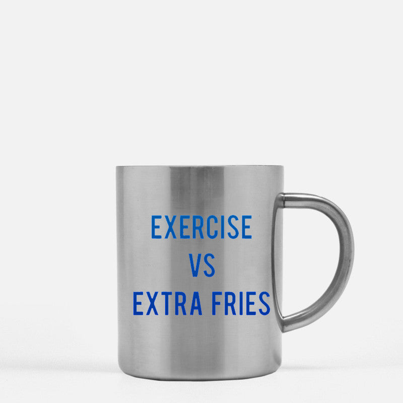 A stylish gold and silver ceramic mug with the phrase 'Exercise Versus Extra Fries' designed for fitness enthusiasts.