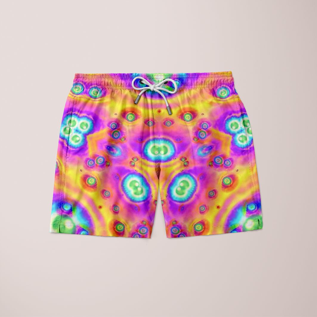 A pair of stylish Eyesmosis Shorts featuring a unique full print design, made from 100% microfiber, showcasing vibrant colors and a comfortable fit.