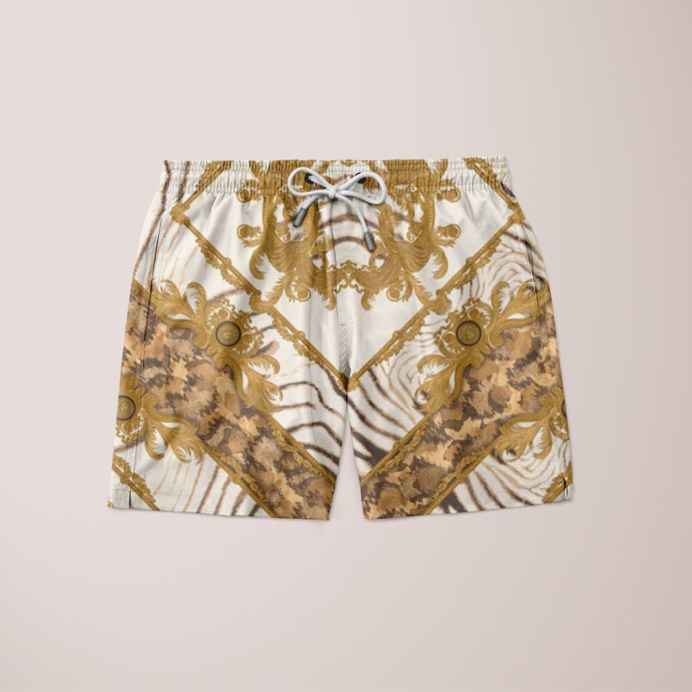 Famous Pattern Shorts featuring a unique full print design, made from 100% microfiber material, showcasing a stylish and comfortable fit.