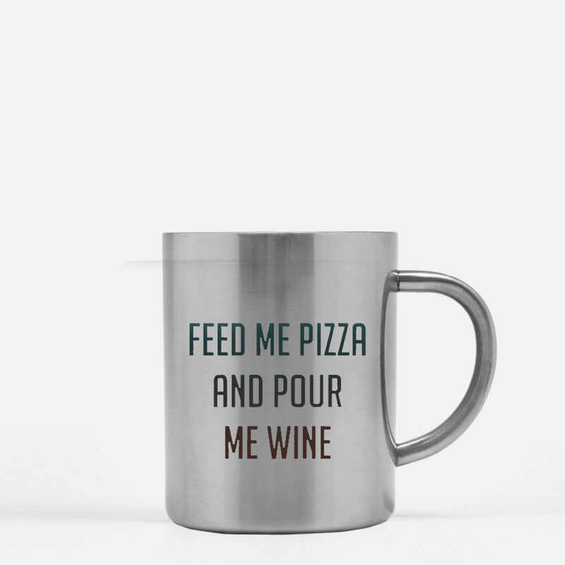 Ceramic mug with gold and silver design, featuring the phrase 'Feed Me Pizza And Pour Me Wine'.