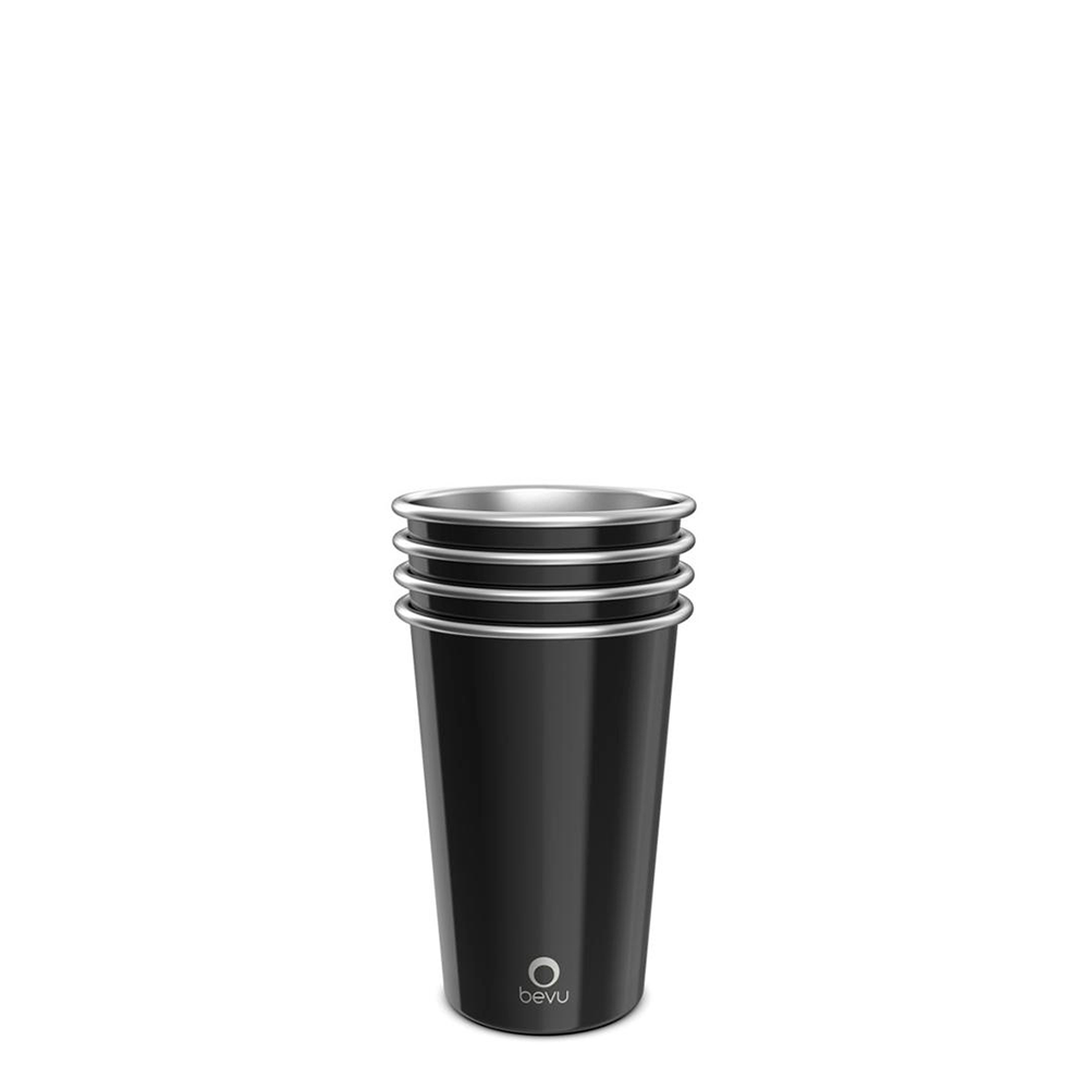 Four colorful Bevu FIESTA 16oz stainless steel cups stacked together, showcasing their lightweight and durable design.