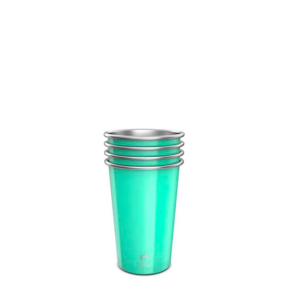 Four colorful Bevu FIESTA 16oz stainless steel cups stacked together, showcasing their lightweight and durable design.