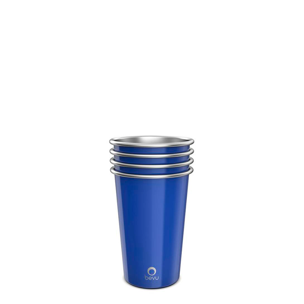 Four colorful Bevu FIESTA 16oz stainless steel cups stacked together, showcasing their lightweight and durable design.