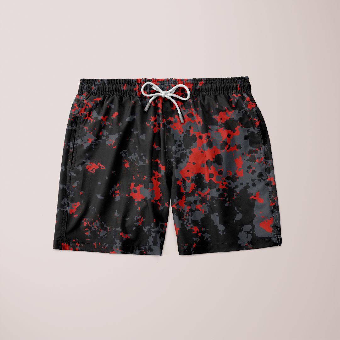 Fire Abstract Shorts featuring a unique full print design, made from 100% microfiber, showcasing vibrant colors and a comfortable fit.