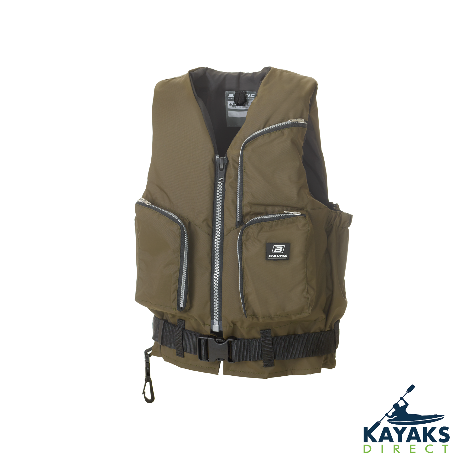 Baltic Outdoor Fishing Buoyancy Aid in black and green with zippered pockets and quick-release buckle.