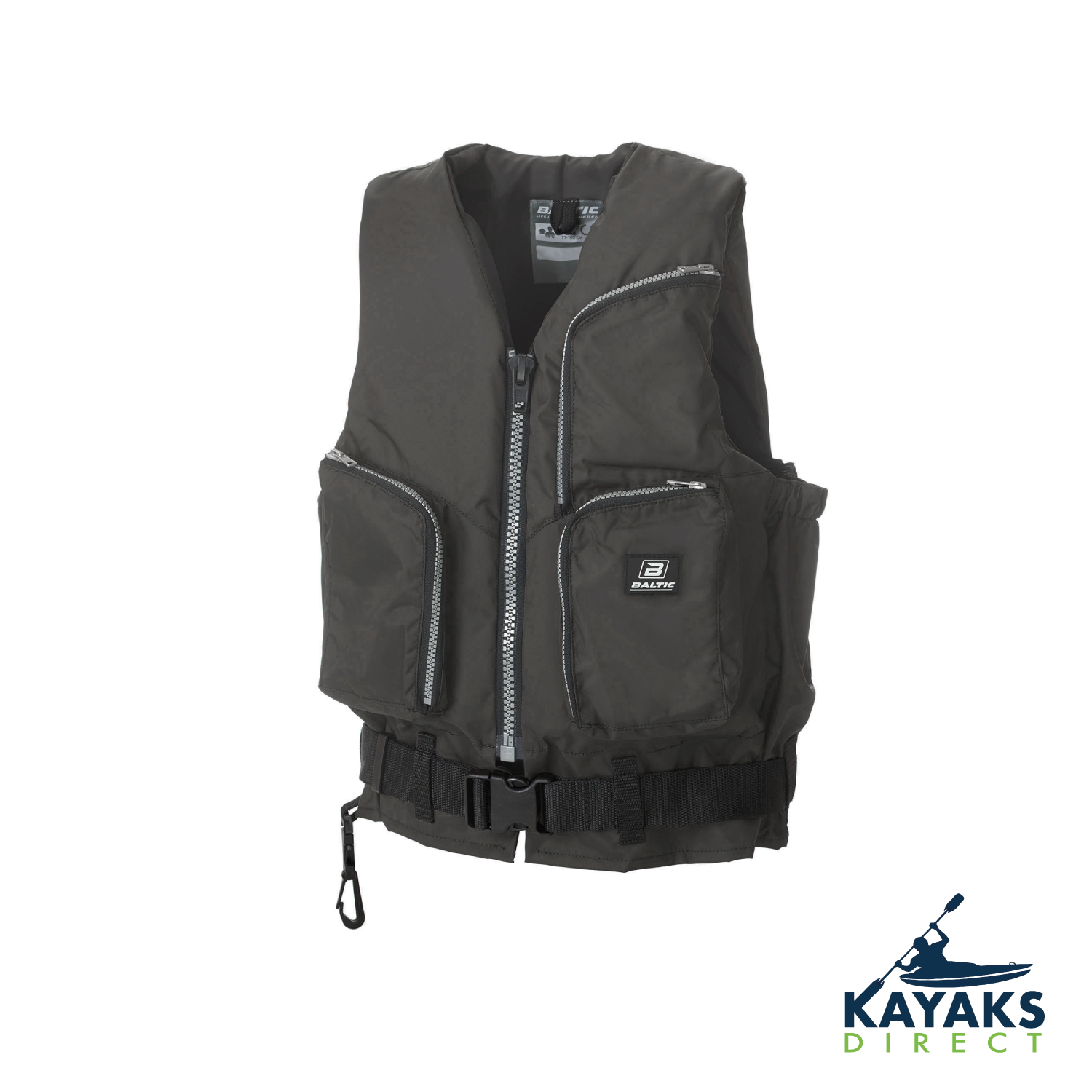 Baltic Outdoor Fishing Buoyancy Aid in black and green with zippered pockets and quick-release buckle.