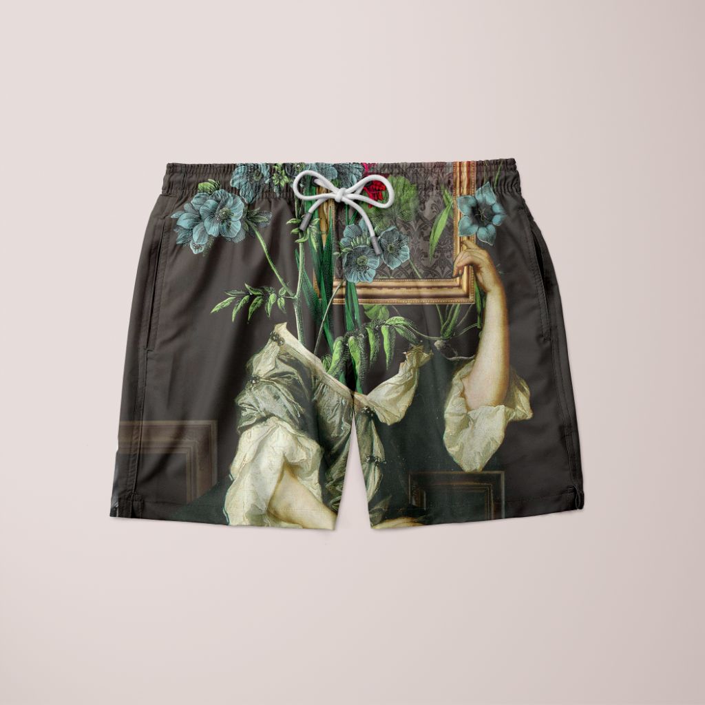 Stylish Florales Self Portrait Shorts featuring a unique full print design, made from 100% microfiber, showcasing a mirrored back.