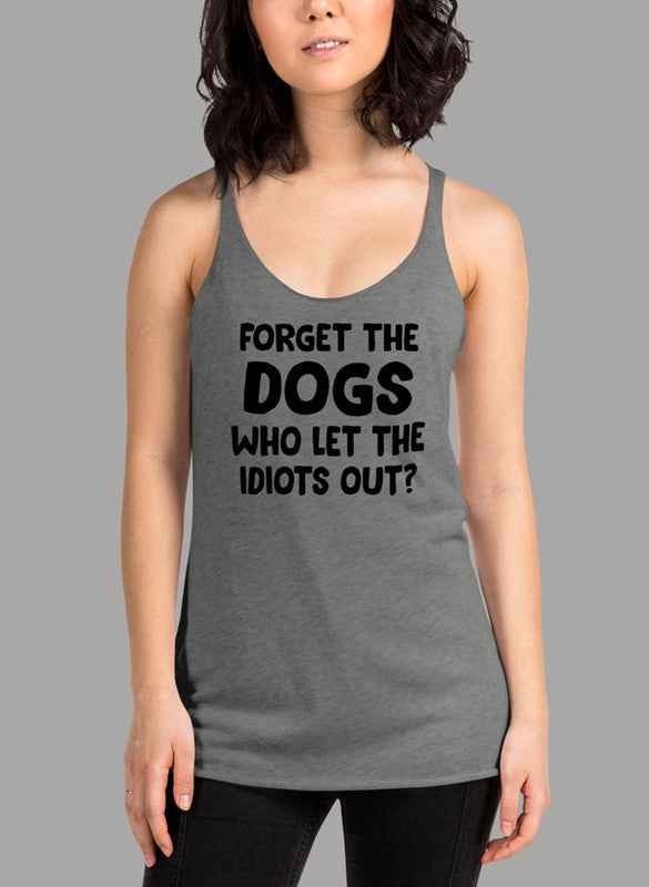 Forget The Dogs Black Women Tank Top featuring a racer back design and curved hem for comfort.