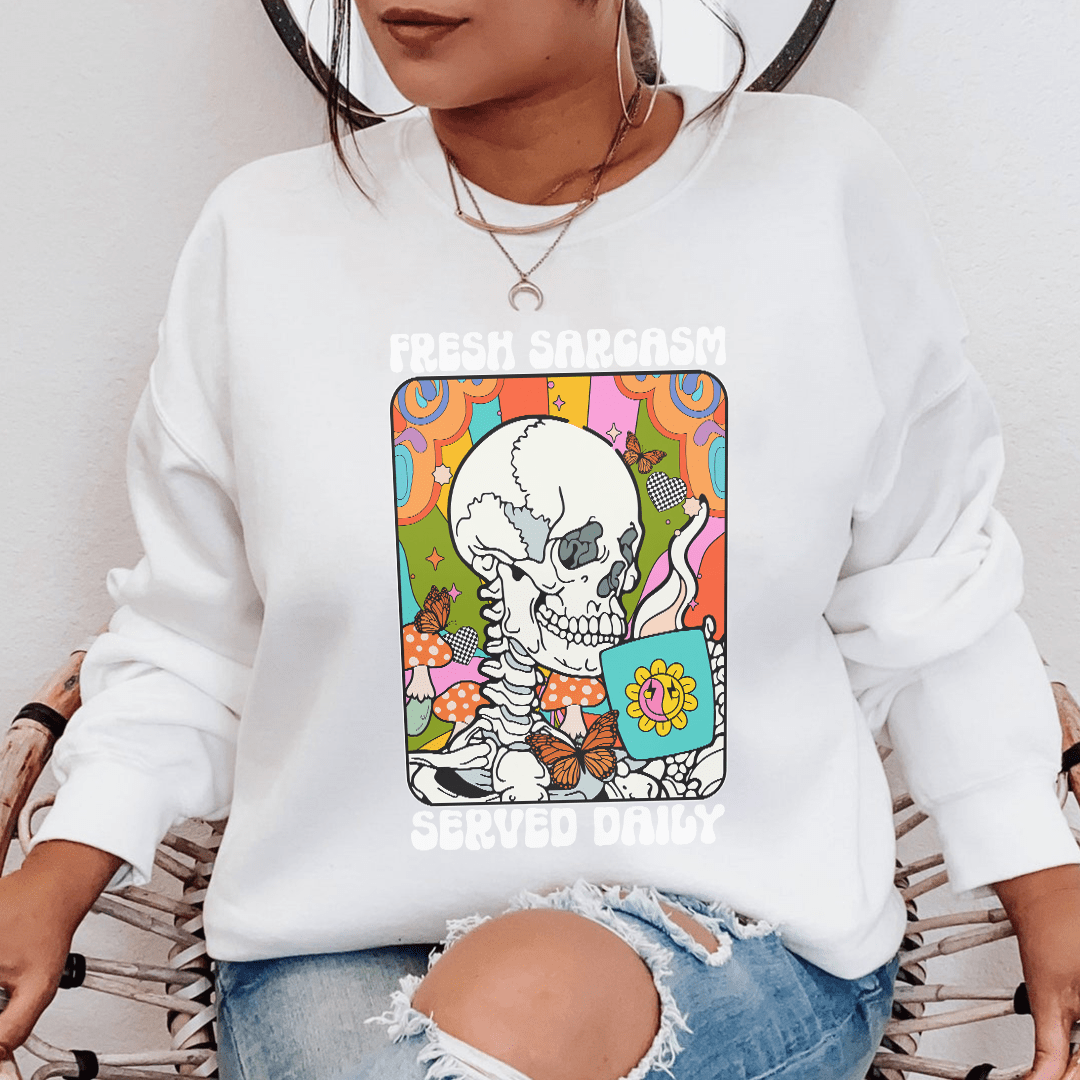 Fresh Sarcasm sweats featuring unique designs by top artists, made from a cozy cotton/poly fleece blend.