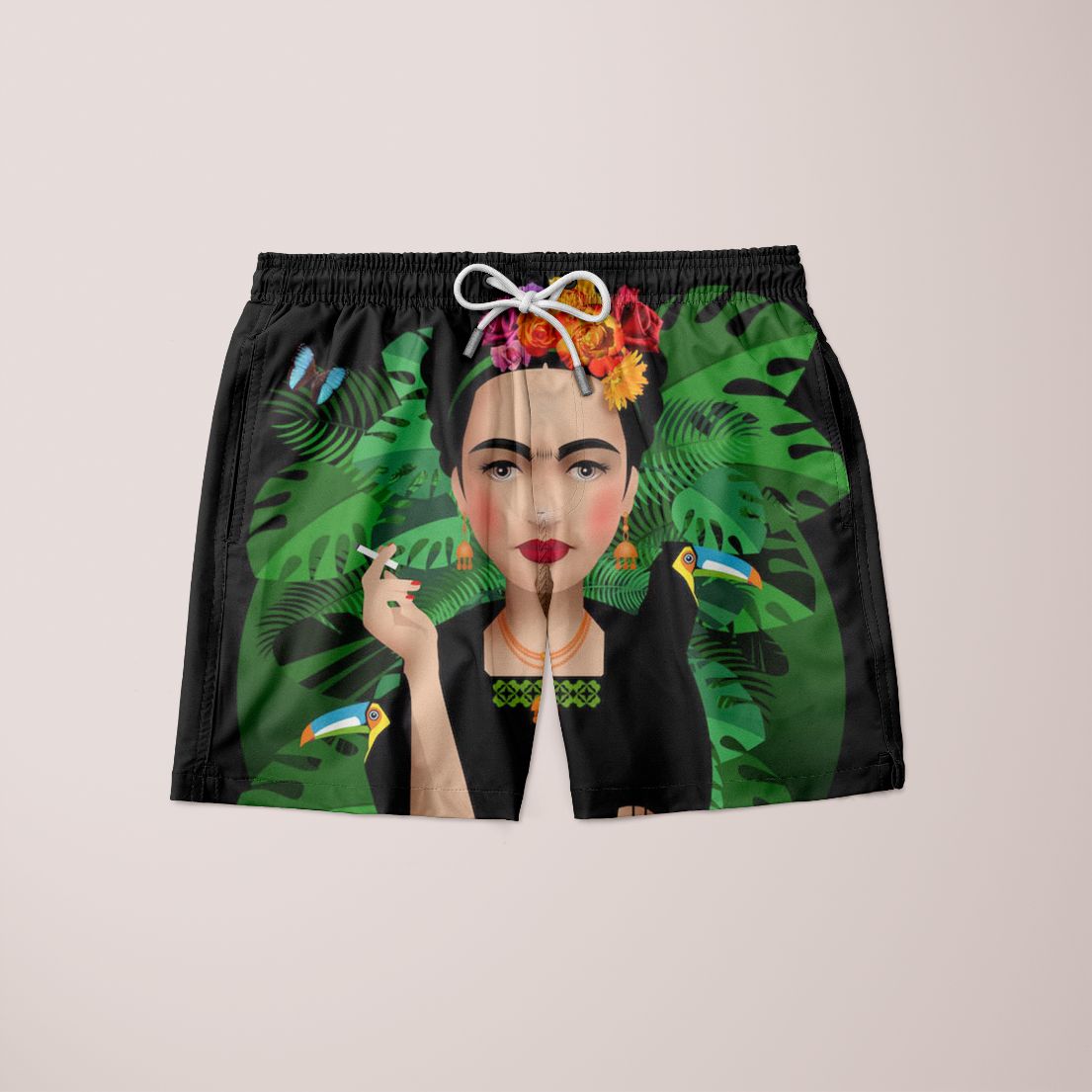 Stylish Frida Kahlo shorts featuring a unique full print design, made from 100% microfiber, showcasing vibrant colors and artistic elements.