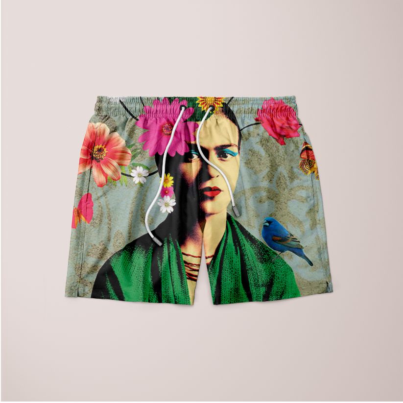 Frida Passion Shorts featuring a unique full print design, made from 100% microfiber material, showcasing vibrant colors and comfortable fit.