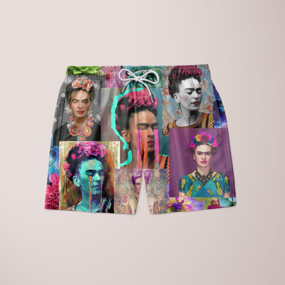 Frida Thefolnu Shorts featuring a unique full print design, made from 100% microfiber, showcasing a stylish and comfortable fit.