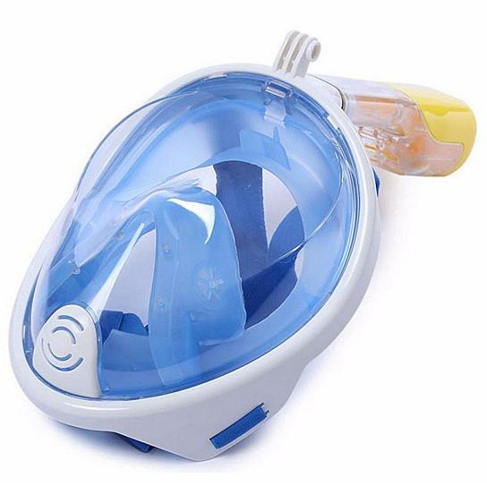 A full face snorkel mask with a transparent visor, designed for 180-degree views, featuring adjustable straps and a ventilated storage bag.