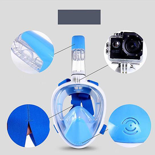 A full face snorkel mask with a transparent visor, designed for 180-degree views, featuring adjustable straps and a ventilated storage bag.