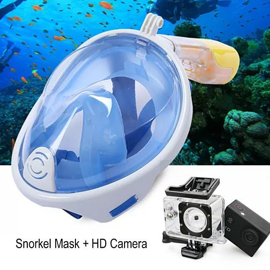 A full face snorkel mask with a transparent visor, designed for 180-degree views, featuring adjustable straps and a ventilated storage bag.