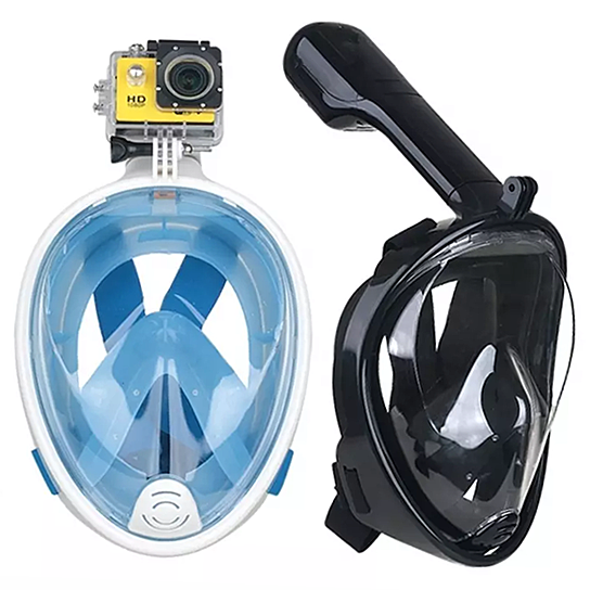 A full face snorkel mask with a transparent visor, designed for 180-degree views, featuring adjustable straps and a ventilated storage bag.