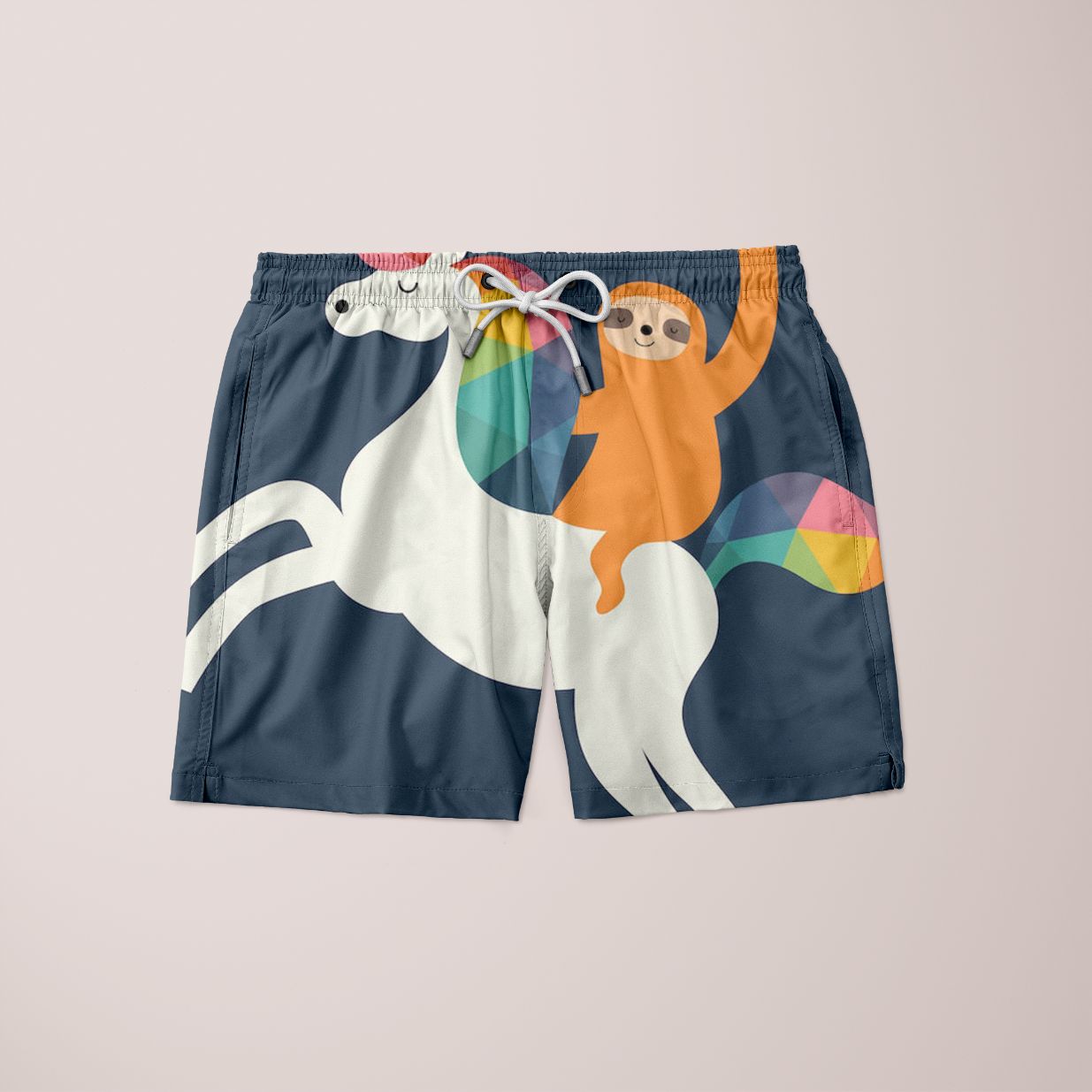 A pair of Fun Time Shorts featuring a vibrant full print design, made from 100% microfiber, showcasing a stylish and comfortable fit.