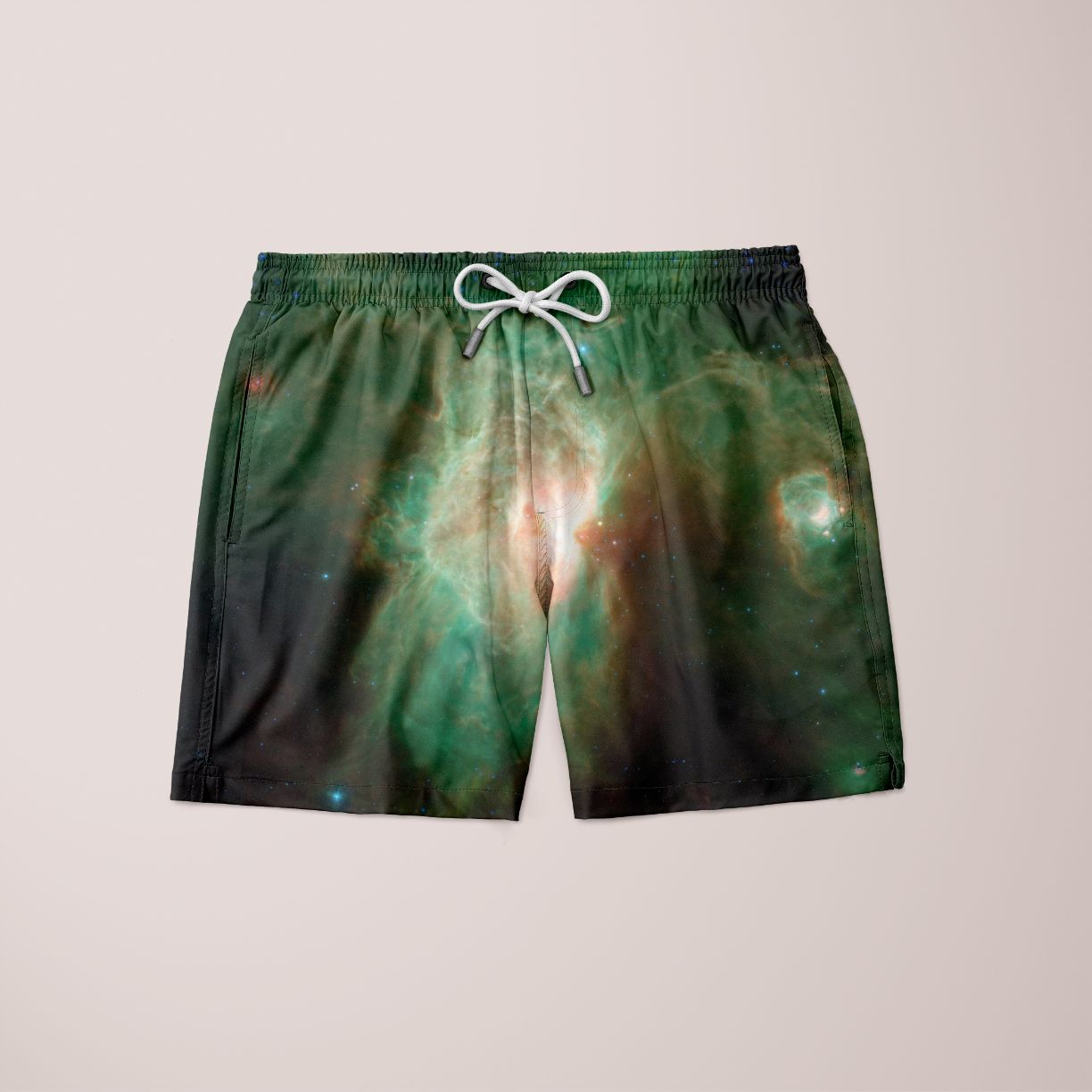 Galaxy 2 You Shorts featuring a unique full print design, made from 100% microfiber, showcasing vibrant colors and a comfortable fit.