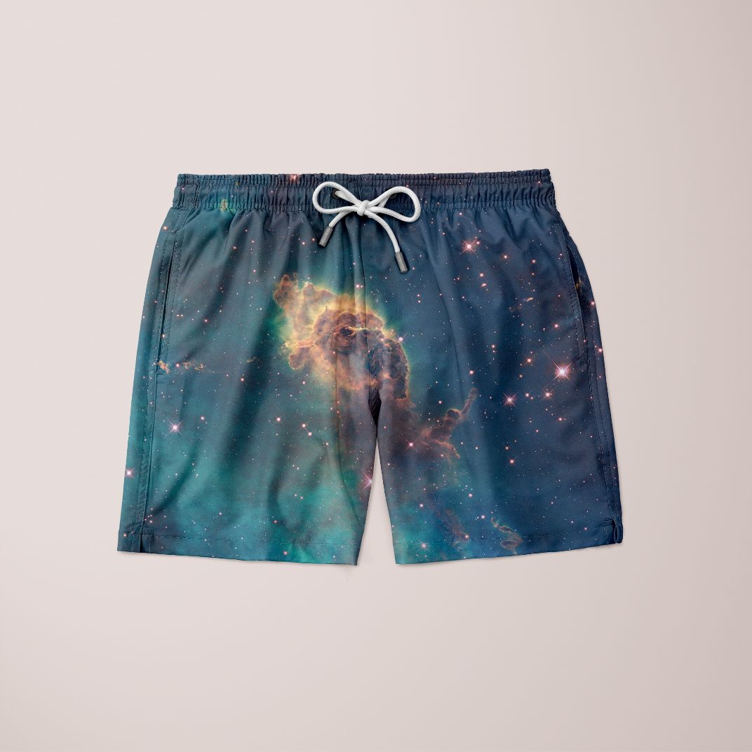 Galaxy Art View Shorts featuring a unique full print design, made from 100% microfiber, showcasing vibrant colors and a stylish fit.