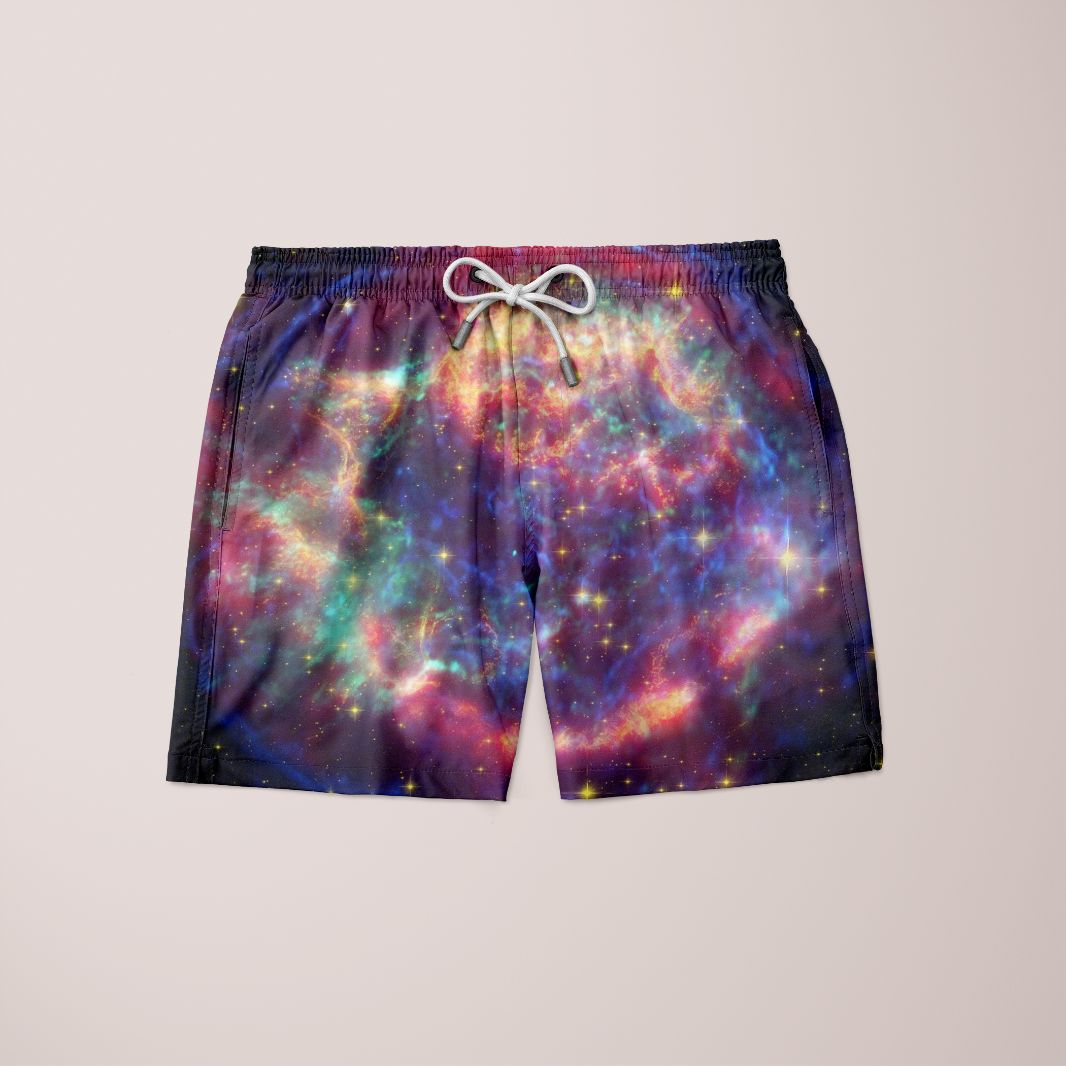 Galaxy Paint Shorts featuring a unique full print design, made from 100% microfiber, showcasing vibrant colors and a comfortable fit.