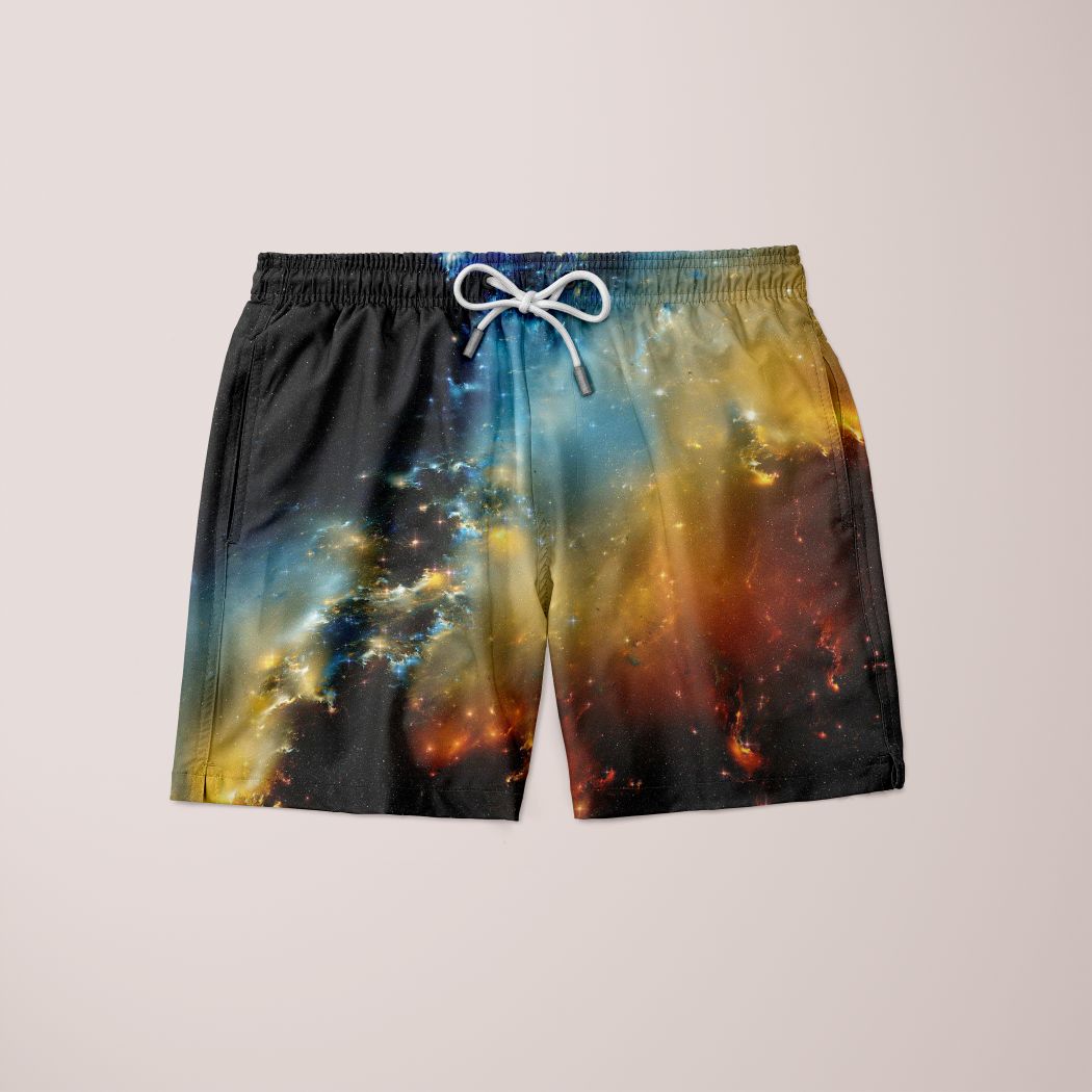 Galaxy print swim trunks.