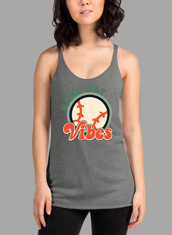 Game Day Vibes Women's Tank Top featuring a racer back style and curved hem in a vibrant color, made from quick-drying Neoteric fabric.