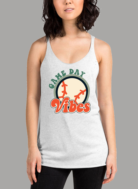 Game Day Vibes Women's Tank Top featuring a racer back style and curved hem in a vibrant color, made from quick-drying Neoteric fabric.