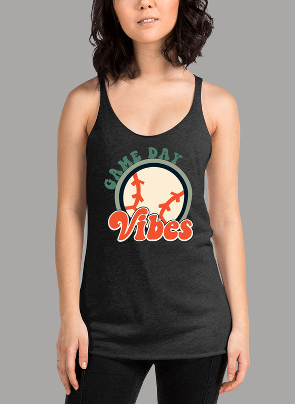 Game Day Vibes Women's Tank Top featuring a racer back style and curved hem in a vibrant color, made from quick-drying Neoteric fabric.