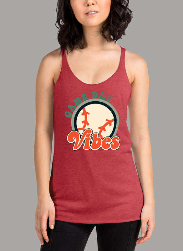 Game Day Vibes Women's Tank Top featuring a racer back style and curved hem in a vibrant color, made from quick-drying Neoteric fabric.